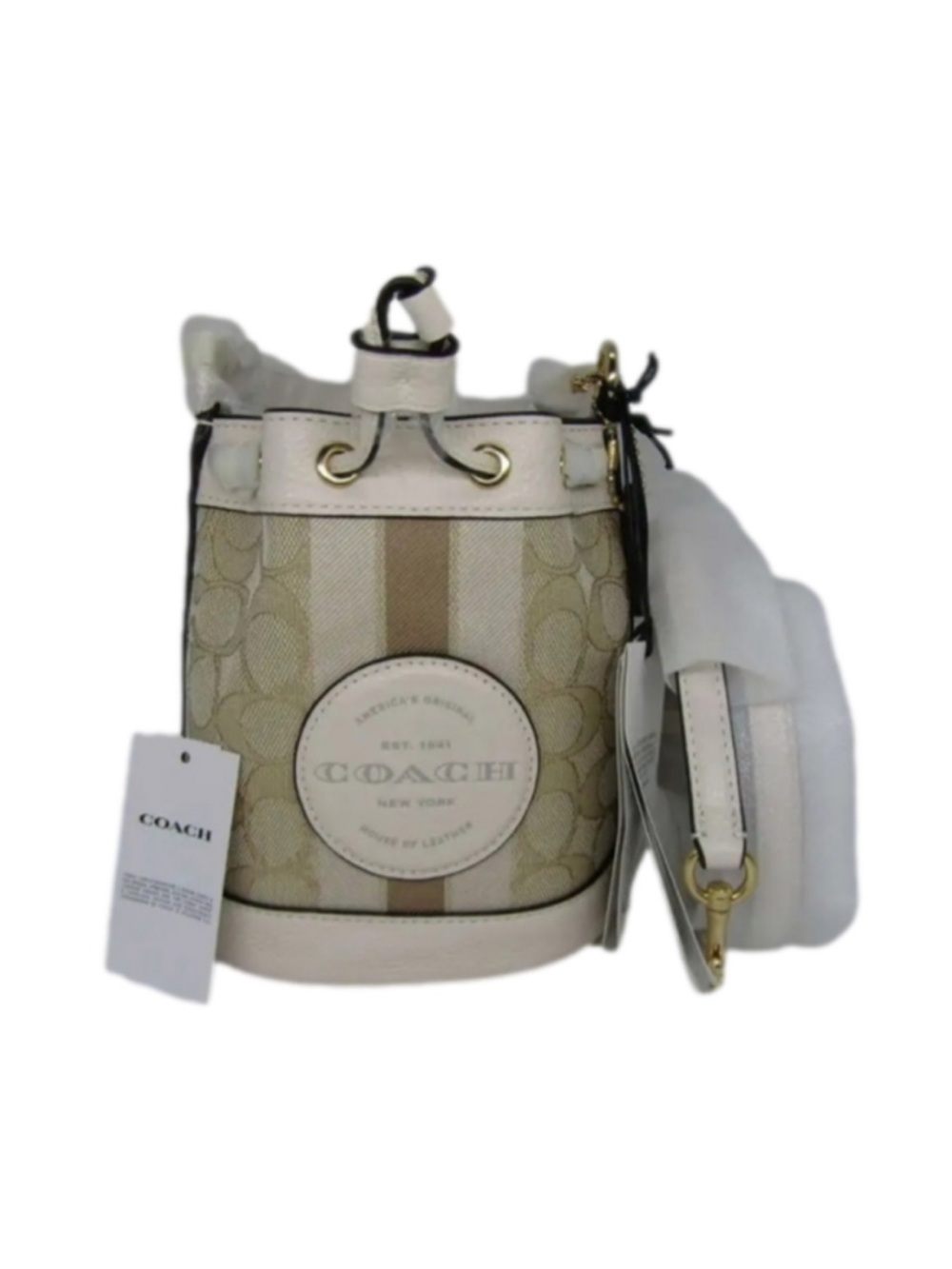 Coach Mini Dempsey Drawstring Bucket Bag in Beige and Cream